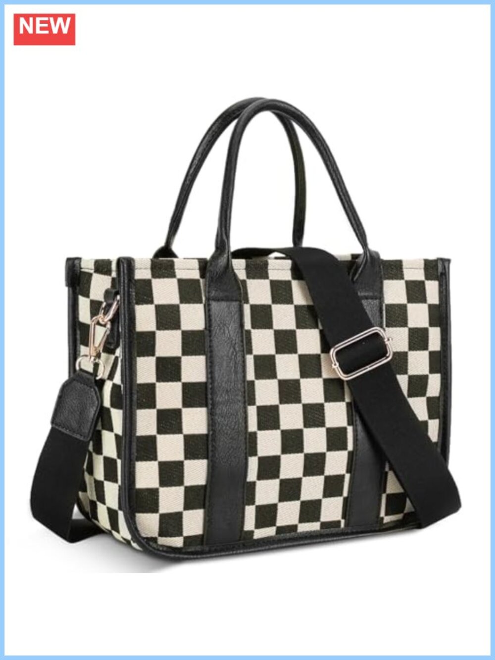 Canvas and PU Leather Checkered Crossbody Bag Adjustable Strap Tote for Work